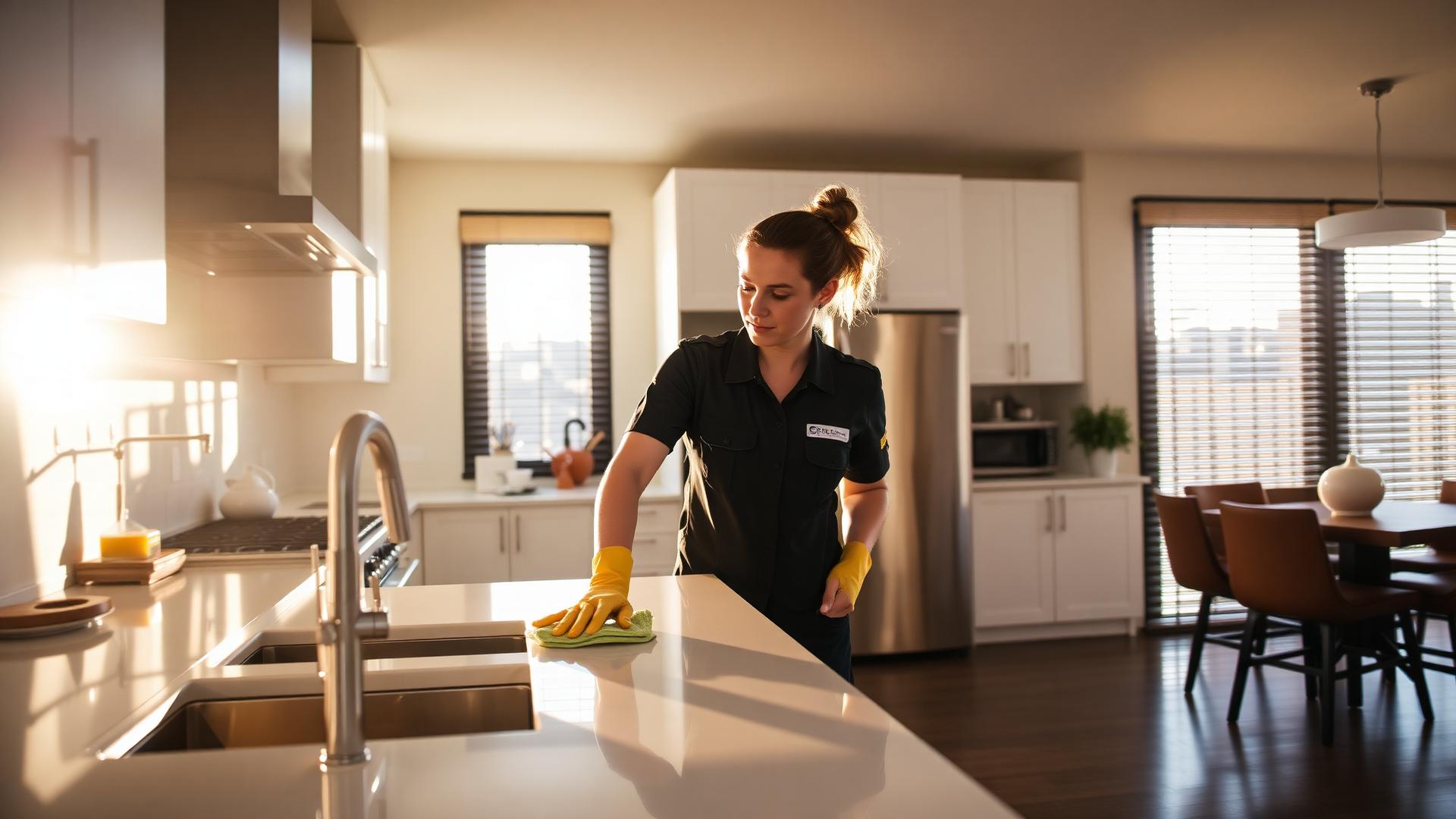 Professional cleaner in a modern Dallas home kitchen
